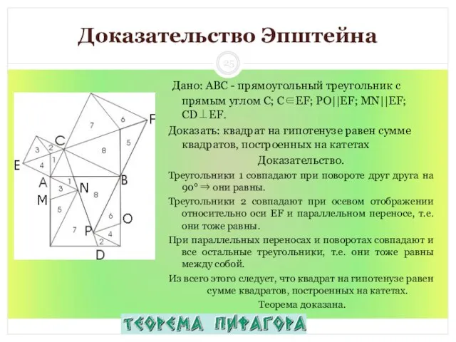 Доказательство Эпштейна Дано: ABC - прямоугольный треугольник с прямым углом С; С∈EF;