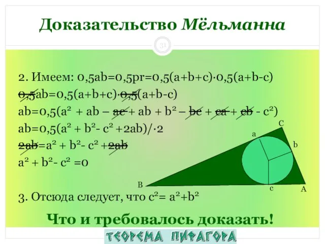 Что и требовалось доказать! 2. Имеем: 0,5ab=0,5pr=0,5(a+b+c)·0,5(a+b-c) 0,5ab=0,5(a+b+c)·0,5(a+b-c) аb=0,5(а2 + ab –