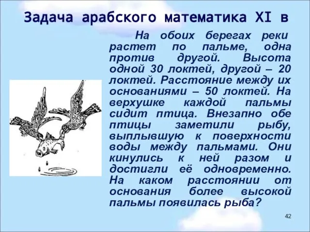 На обоих берегах реки растет по пальме, одна против другой. Высота одной