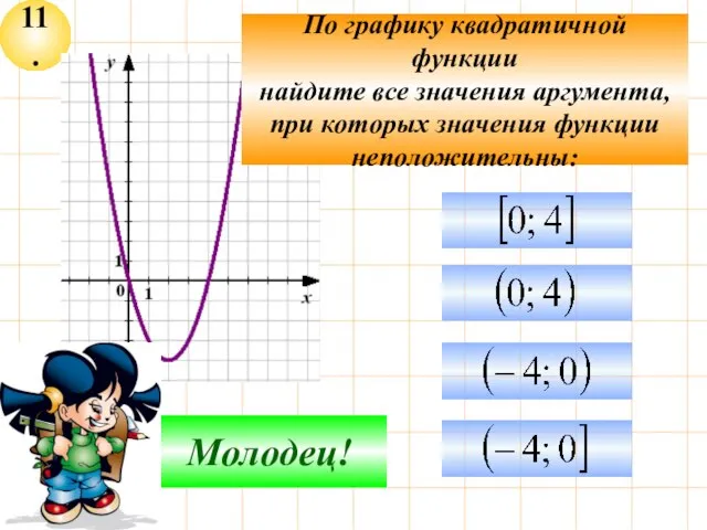 11. Подумай! Молодец! По графику квадратичной функции найдите все значения аргумента, при которых значения функции неположительны: