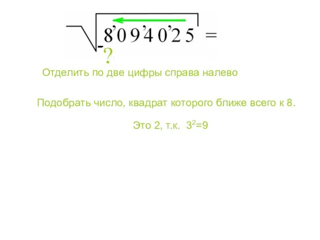 Подобрать число, квадрат которого ближе всего к 8. Отделить по две цифры