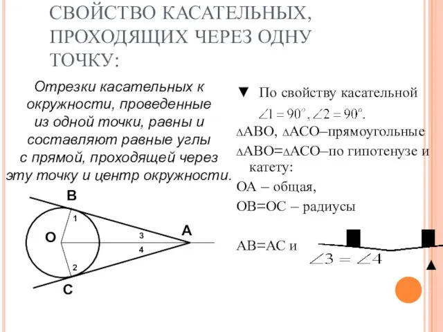 СВОЙСТВО КАСАТЕЛЬНЫХ, ПРОХОДЯЩИХ ЧЕРЕЗ ОДНУ ТОЧКУ: ▼ По свойству касательной ∆АВО, ∆АСО–прямоугольные