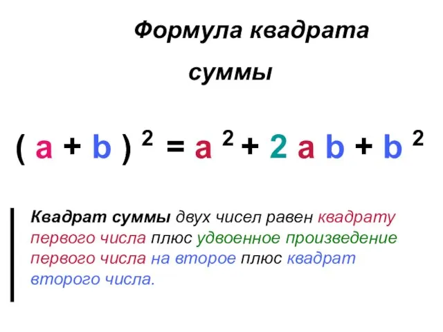 Формула квадрата суммы ( a + b ) 2 = a 2