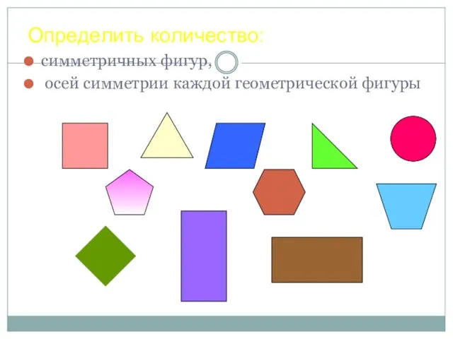 Определить количество: симметричных фигур, осей симметрии каждой геометрической фигуры