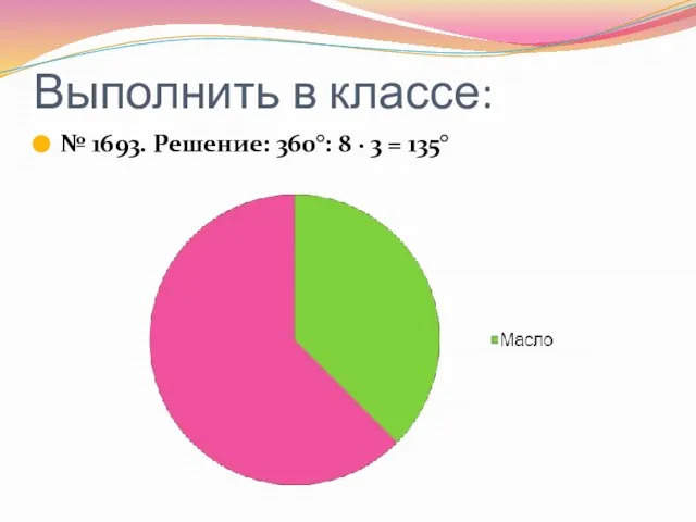 Выполнить в классе: № 1693. Решение: 360°: 8 ∙ 3 = 135°