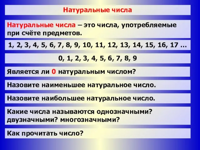 Натуральные числа Натуральные числа – это числа, употребляемые при счёте предметов. 1,