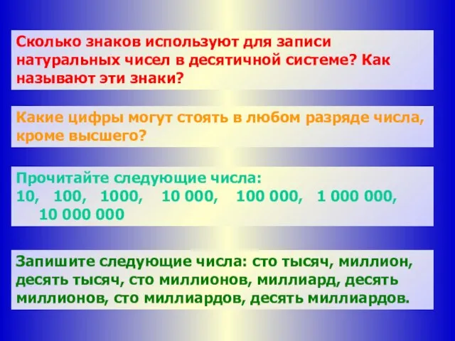 Сколько знаков используют для записи натуральных чисел в десятичной системе? Как называют