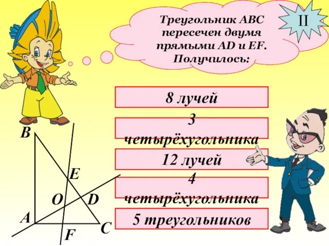 Треугольник АВС пересечен двумя прямыми АD и EF. Получилось: II 8 лучей