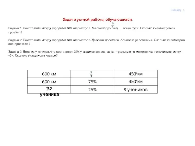 Слайд 1 Задачи устной работы обучающихся. Задача 1. Расстояние между городами 600