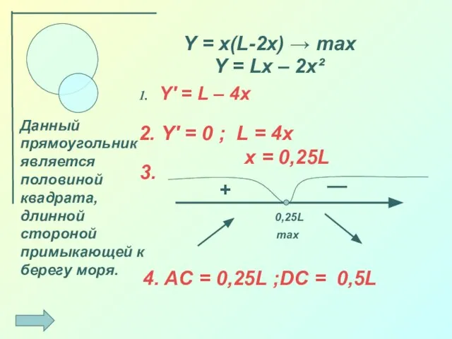 Y = x(L-2x) → max Y′ = L – 4x 0,25L +