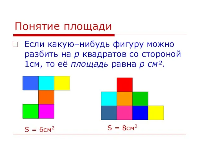 Понятие площади Если какую–нибудь фигуру можно разбить на р квадратов со стороной