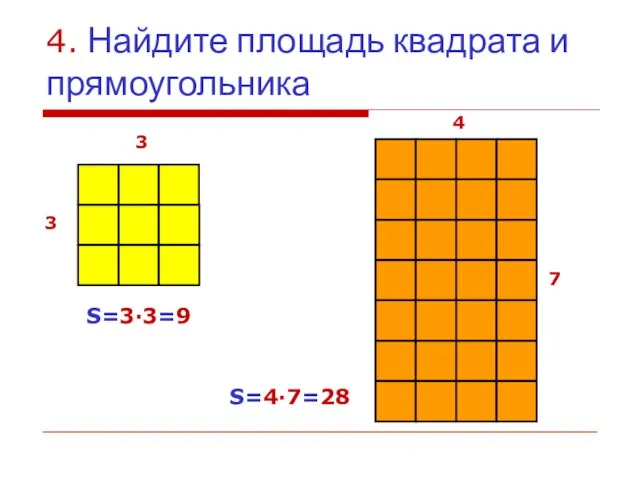 4. Найдите площадь квадрата и прямоугольника S=3·3=9 3 3 4 7 S=4·7=28