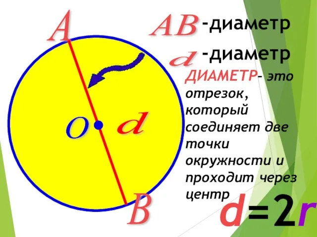 ДИАМЕТР– это отрезок, который соединяет две точки окружности и проходит через центр