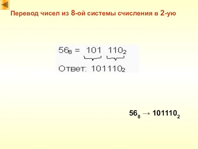 Перевод чисел из 8-ой системы счисления в 2-ую 568 → 1011102