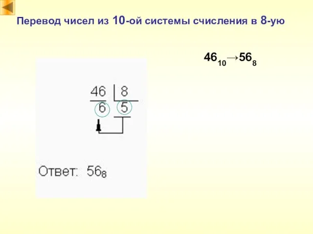 Перевод чисел из 10-ой системы счисления в 8-ую 4610→568