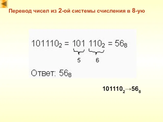 Перевод чисел из 2-ой системы счисления в 8-ую 1011102→568