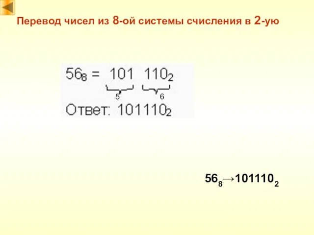 Перевод чисел из 8-ой системы счисления в 2-ую 568→1011102 6 5