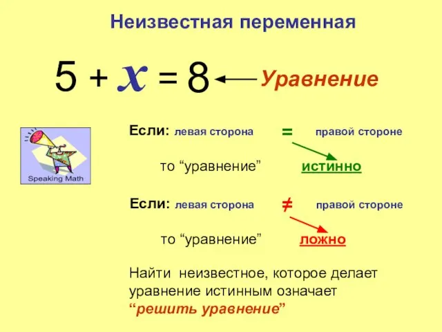 Неизвестная переменная 5 + x = 8 Уравнение Если: левая сторона правой