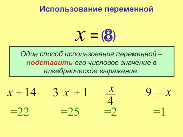 9 – Использование переменной x = + 14 3 + 1 =22