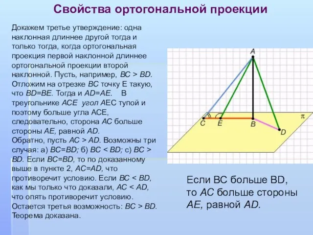 Свойства ортогональной проекции Докажем третье утверждение: одна наклонная длиннее другой тогда и