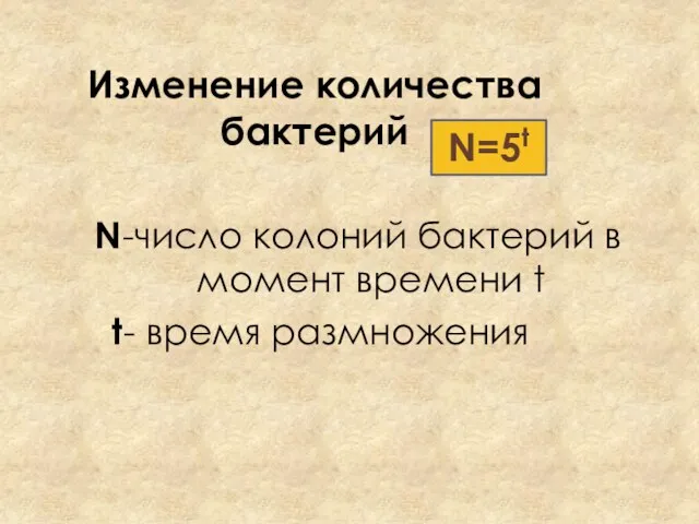 Изменение количества бактерий N-число колоний бактерий в момент времени t t- время размножения N=5t