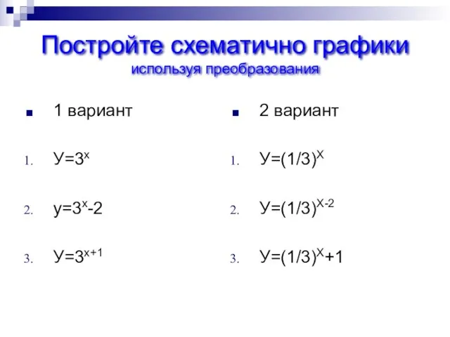 Постройте схематично графики используя преобразования 1 вариант У=3х у=3х-2 У=3х+1 2 вариант У=(1/3)Х У=(1/3)Х-2 У=(1/3)Х+1