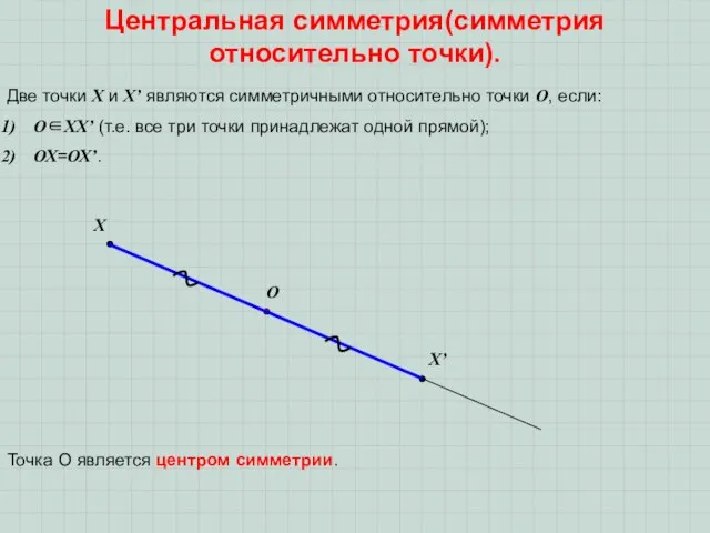 Центральная симметрия(симметрия относительно точки). Две точки Х и Х’ являются симметричными относительно