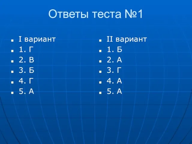 Ответы теста №1 I вариант 1. Г 2. В 3. Б 4.