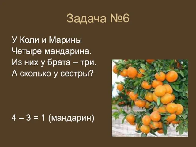 Задача №6 У Коли и Марины Четыре мандарина. Из них у брата