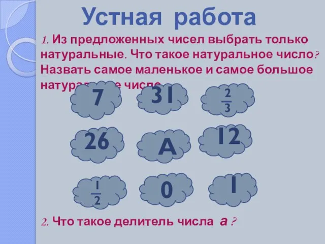 Устная работа 1. Из предложенных чисел выбрать только натуральные. Что такое натуральное