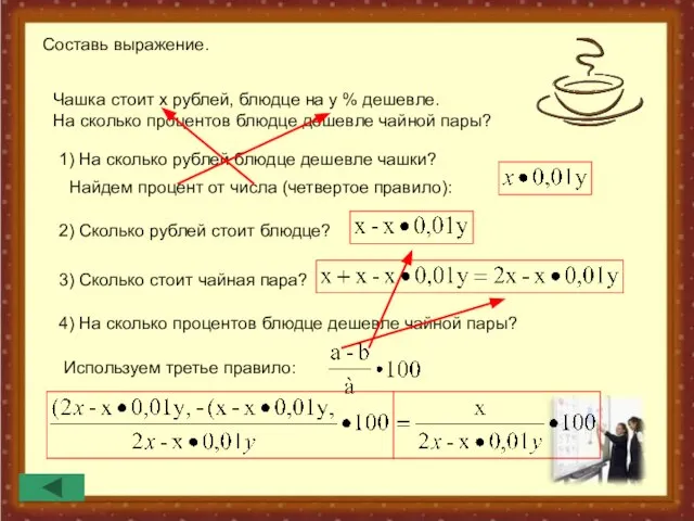 Составь выражение. Чашка стоит х рублей, блюдце на у % дешевле. На