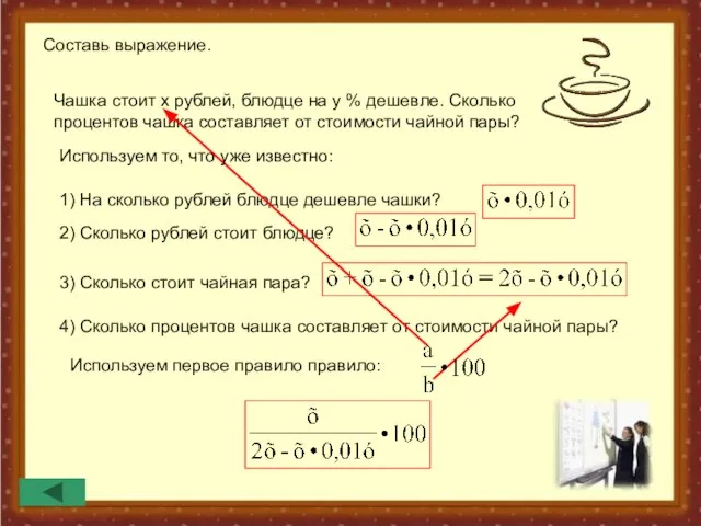 Составь выражение. Чашка стоит х рублей, блюдце на у % дешевле. Сколько