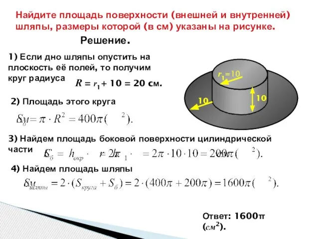 Найдите площадь поверхности (внешней и внутренней) шляпы, размеры которой (в см) указаны