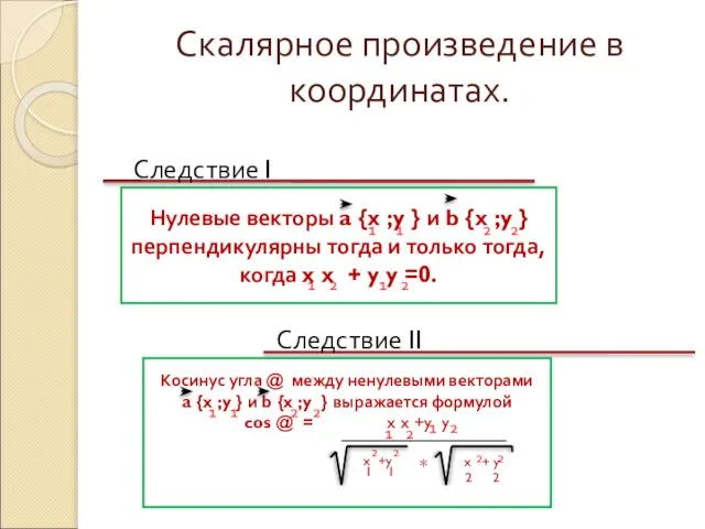 Скалярное произведение в координатах. Следствие I Следствие II Нулевые векторы a {x