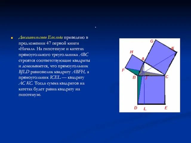 . Доказательство Евклида приведено в предложении 47 первой книги «Начал». На гипотенузе