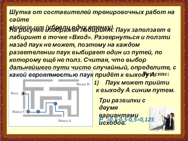 На рисунке изображён лабиринт. Паук заползает в лабиринт в точке «Вход». Развернуться