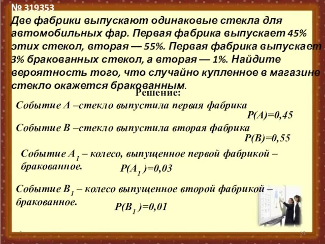 № 319353 Две фабрики выпускают одинаковые стекла для автомобильных фар. Первая фабрика