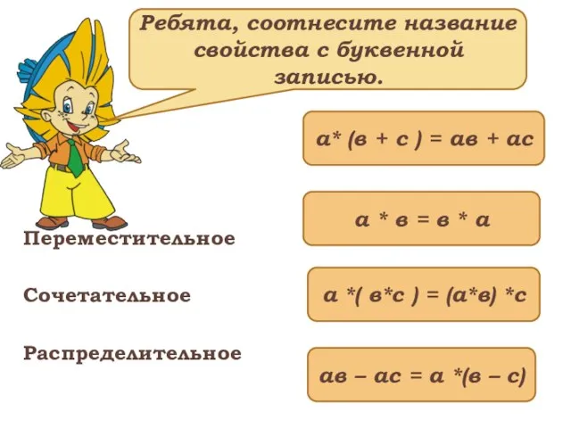 Переместительное Сочетательное Распределительное а* (в + с ) = ав + ас