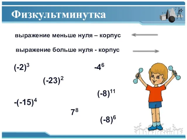 Физкультминутка выражение меньше нуля – корпус выражение больше нуля - корпус (-2)3