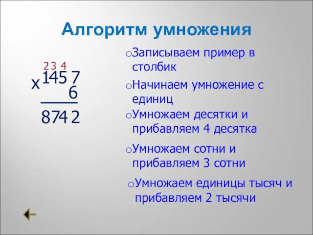 Алгоритм умножения 1 х 6 Записываем пример в столбик Начинаем умножение с