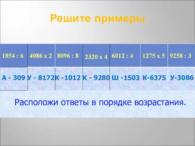 Решите примеры А - 309 У - 8172 К -1012 К -