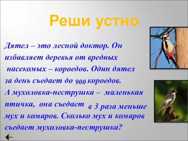 Реши устно Дятел – это лесной доктор. Он избавляет деревья от вредных