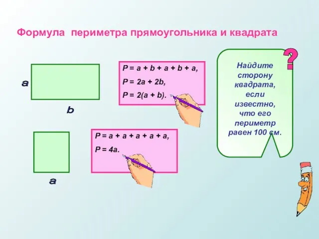 Формула периметра прямоугольника и квадрата а b а P = a +