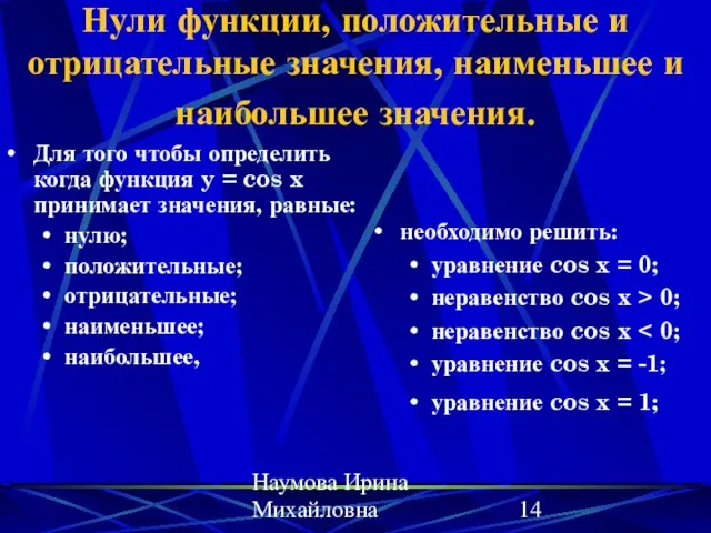 Наумова Ирина Михайловна Нули функции, положительные и отрицательные значения, наименьшее и наибольшее