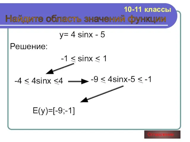 y= 4 sinx - 5 Найдите область значений функции Решение: -1 -4