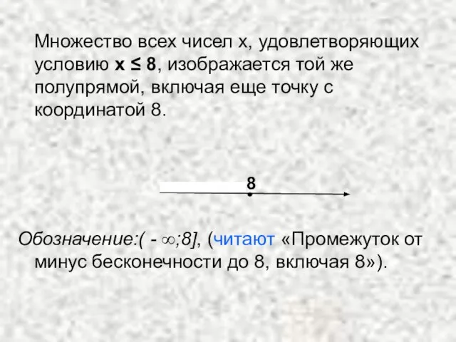 Множество всех чисел х, удовлетворяющих условию х ≤ 8, изображается той же