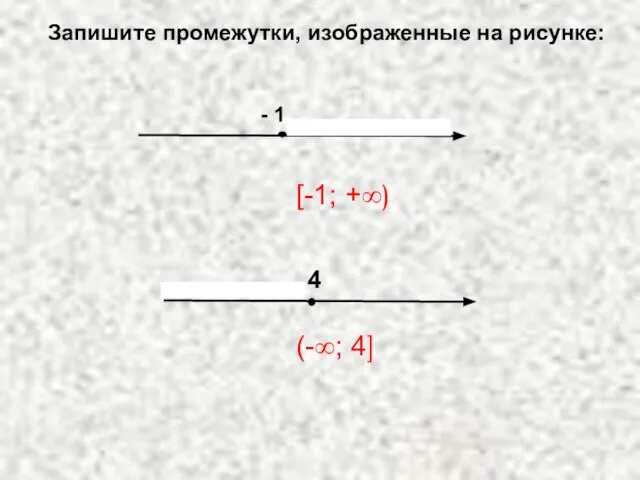 - 1 Запишите промежутки, изображенные на рисунке: [-1; +∞) (-∞; 4]