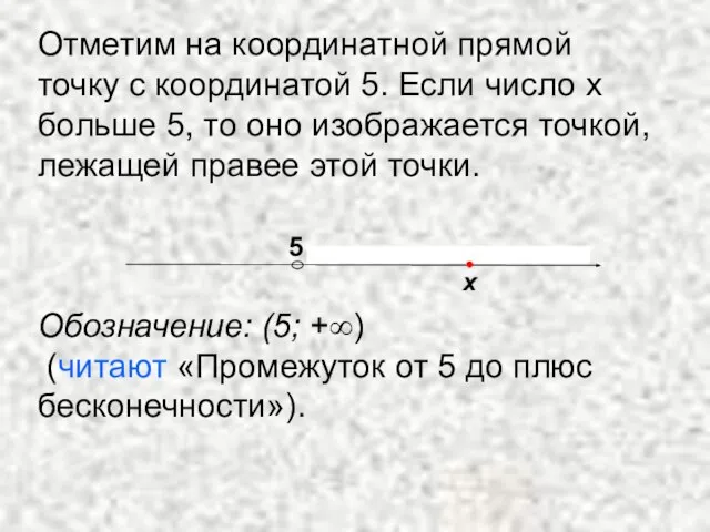 Отметим на координатной прямой точку с координатой 5. Если число х больше