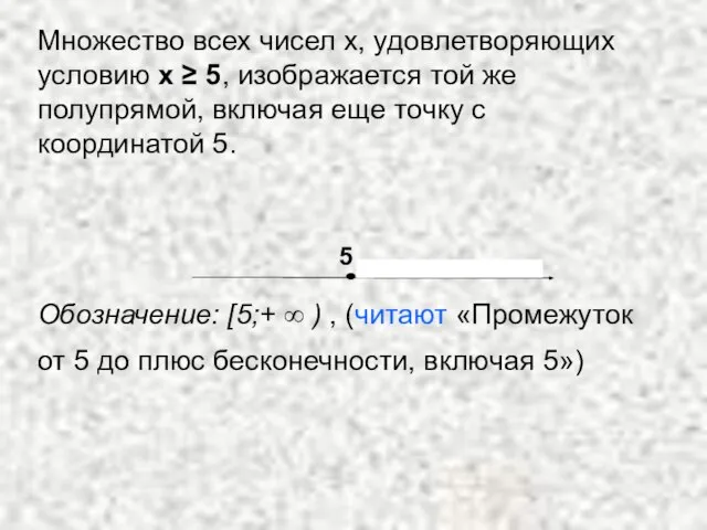 Множество всех чисел х, удовлетворяющих условию х ≥ 5, изображается той же