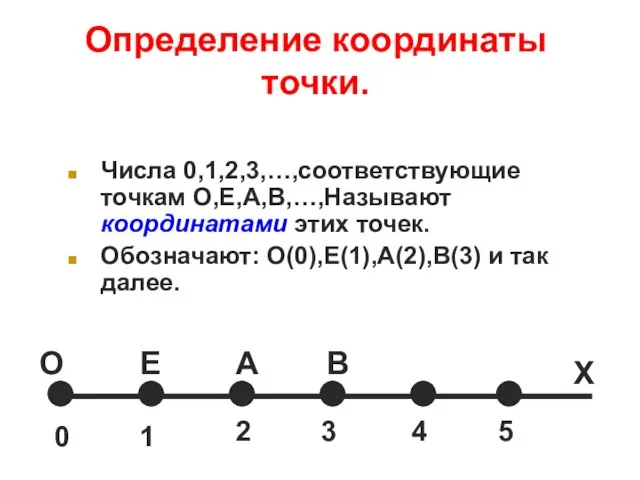 Определение координаты точки. Числа 0,1,2,3,…,соответствующие точкам О,Е,А,В,…,Называют координатами этих точек. Обозначают: О(0),Е(1),А(2),В(3)